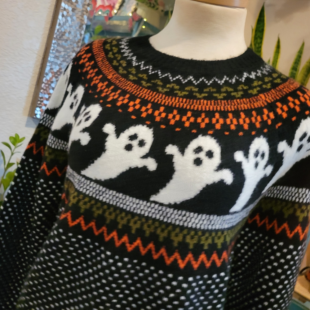 Halloween Sweater Spooky Ghosts Black Orange Vintage Fair Isle Ugly Christmas
